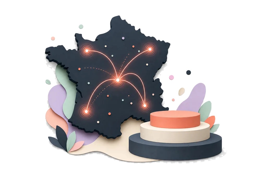Une carte de France dont plusieurs villes s'allument, devant un podium à trois marches.